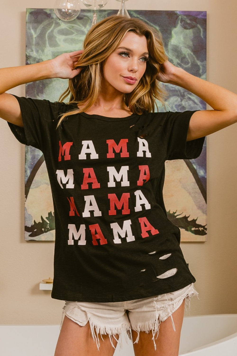 BiBi MAMA Graphic Distressed Short Sleeve T-Shirt T-Shirt Trendsi   