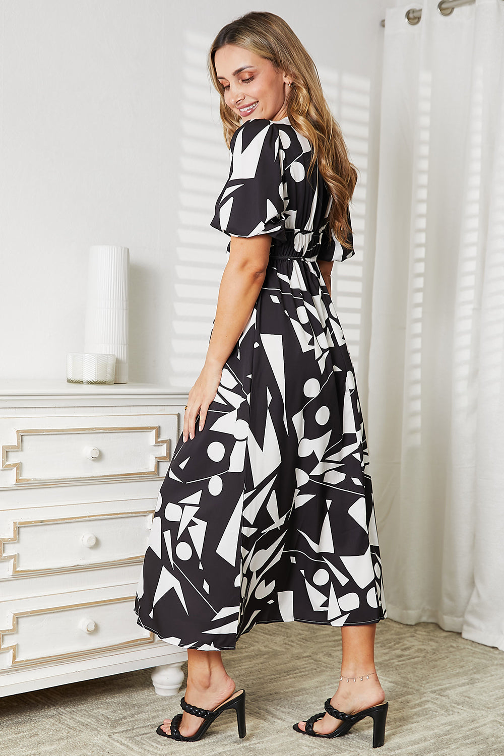 Double Take Printed Surplice Balloon Sleeve Dress Midi Dress Trendsi   