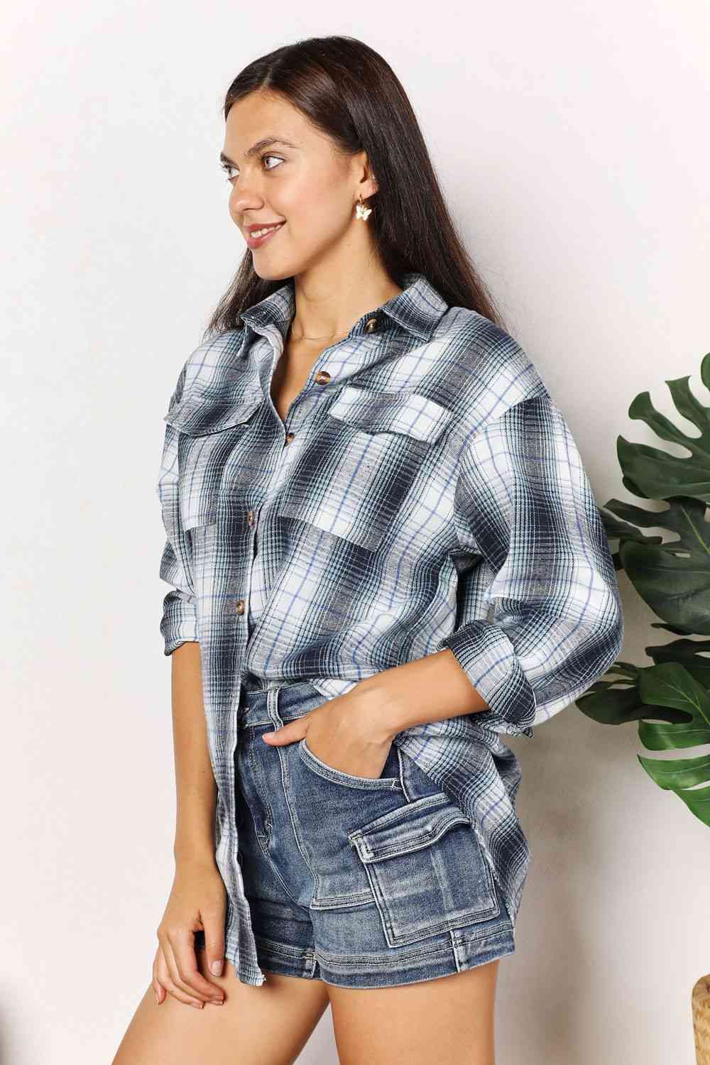 Double Take Plaid Dropped Shoulder Shirt Shirt Trendsi   