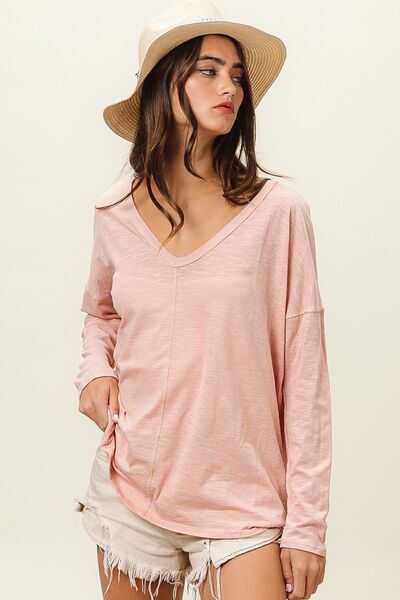 BiBi Exposed Seam V-Neck Long Sleeve T-Shirt Top Trendsi   