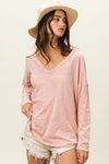 BiBi Exposed Seam V-Neck Long Sleeve T-Shirt Top Trendsi   