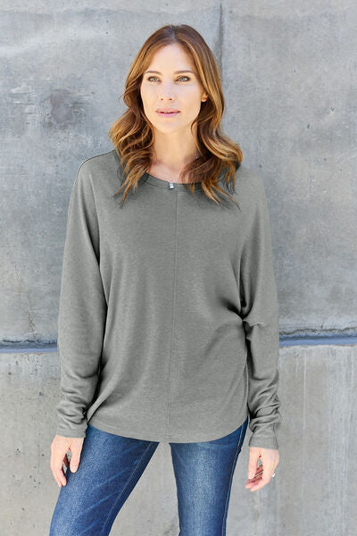 Double Take Full Size Round Neck Long Sleeve T-Shirt Top Trendsi Heather Gray S 