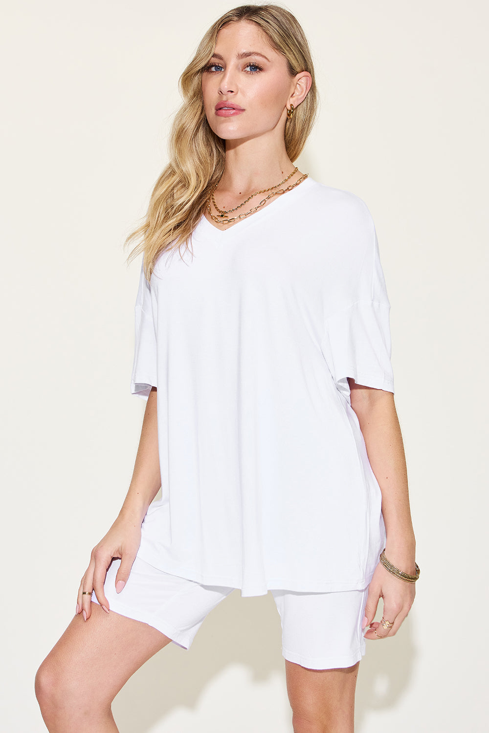 Basic Bae Full Size V-Neck Drop Shoulder Short Sleeve T-Shirt and Shorts Set - NeoKira Unlimited
