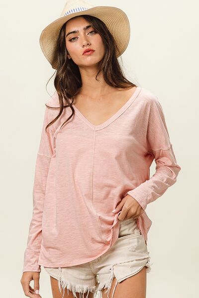 BiBi Exposed Seam V-Neck Long Sleeve T-Shirt Top Trendsi   