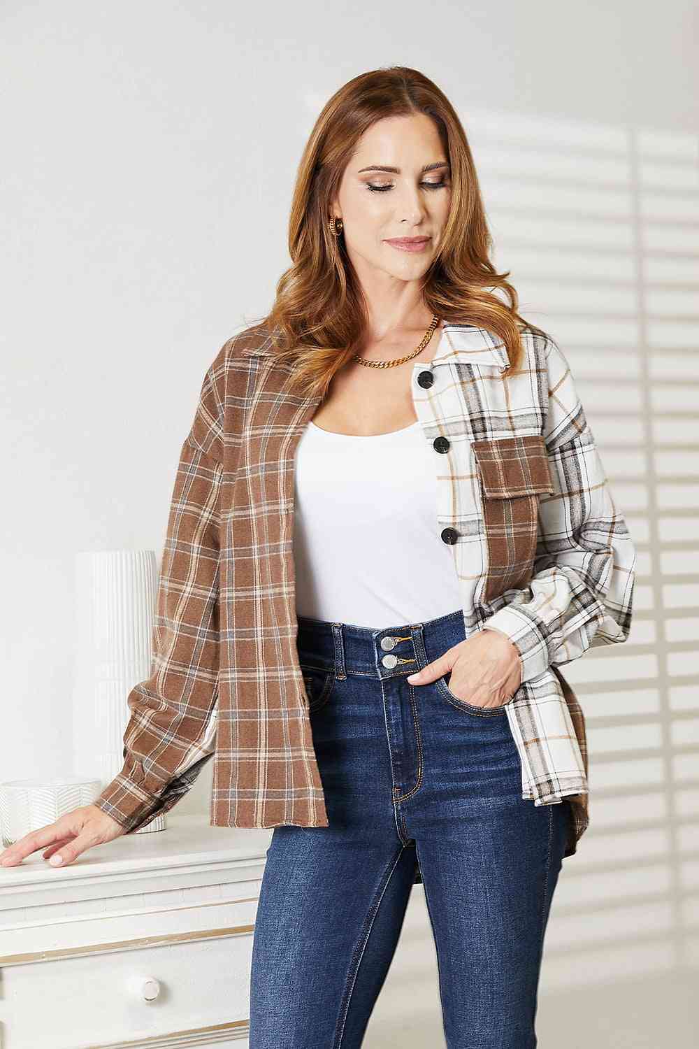 Double Take Plaid Contrast Button Up Shirt Jacket - NeoKira Unlimited