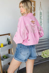 Veveret Fringe Distressed Button Up Denim Jacket Jacket Trendsi PINK S 