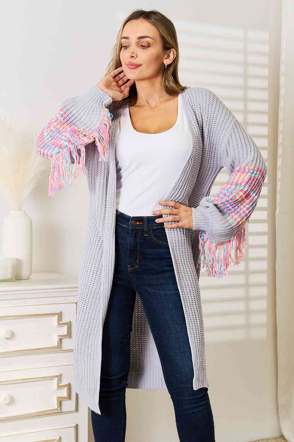 Woven Right Fringe Sleeve Dropped Shoulder Cardigan - NeoKira Unlimited