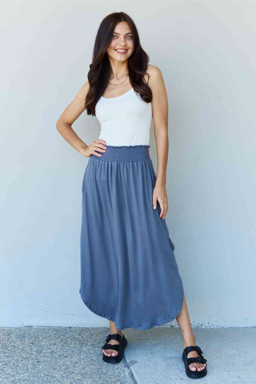 Doublju Comfort Princess Full Size High Waist Scoop Hem Maxi Skirt in Dusty Blue Skirt Trendsi   