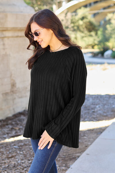 Basic Bae Full Size Ribbed Round Neck Long Sleeve Knit Top - NeoKira Unlimited