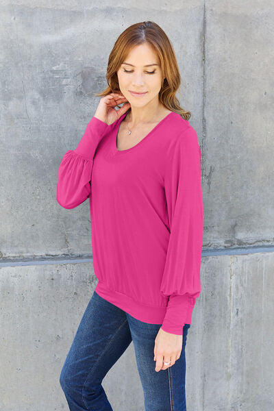 Basic Bae Full Size V-Neck Lantern Sleeve Blouse Top Trendsi   