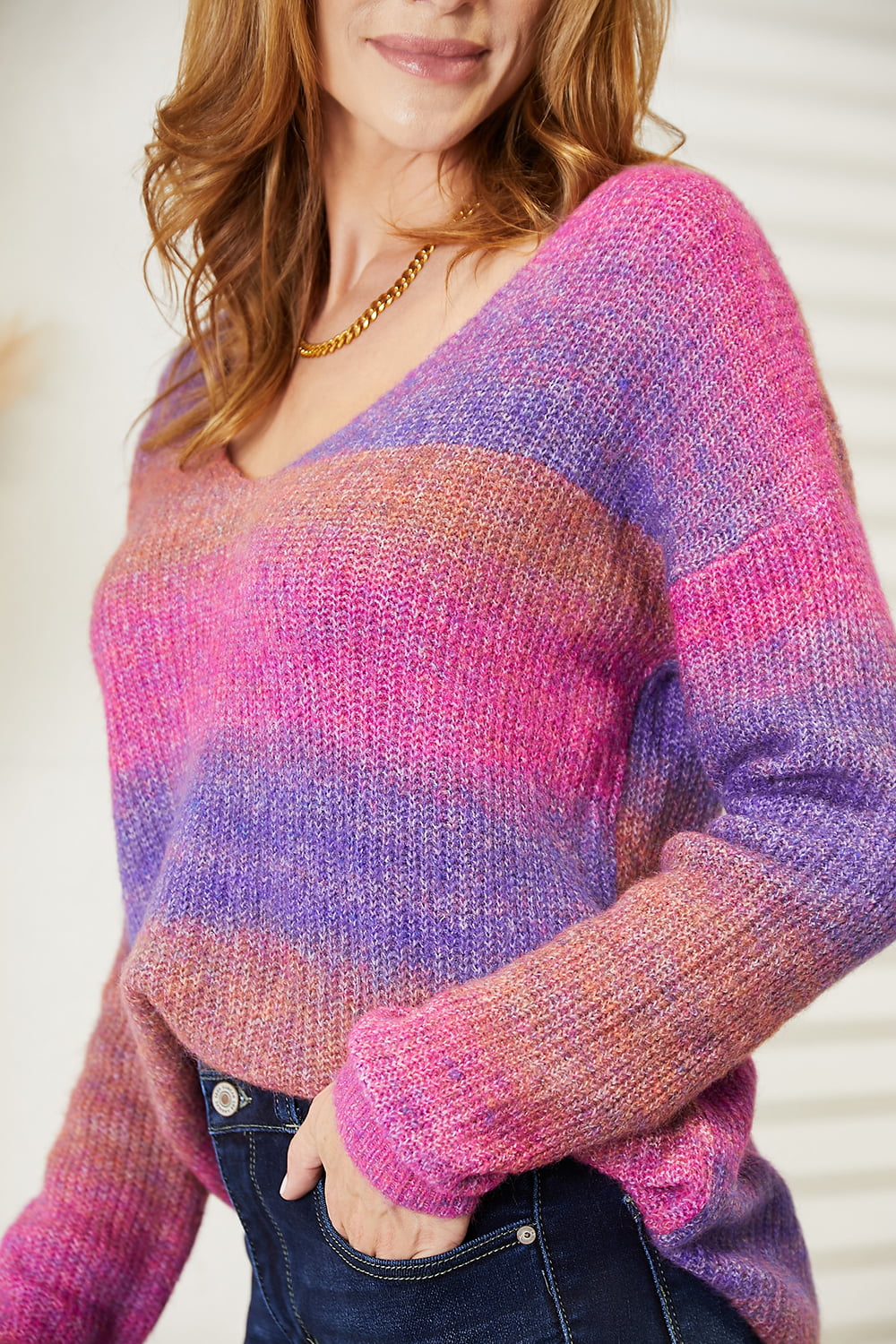Angel Wings Multicolored Rib-Knit V-Neck Knit Pullover - NeoKira Unlimited