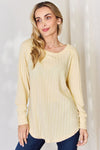 Basic Bae Full Size Ribbed Round Neck Slit Shirt Top Trendsi Pastel Yellow S 