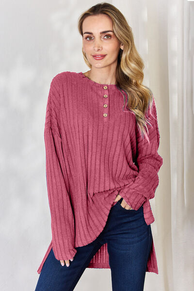 Basic Bae Full Size Ribbed Half Button Long Sleeve High-Low T-Shirt - NeoKira Unlimited