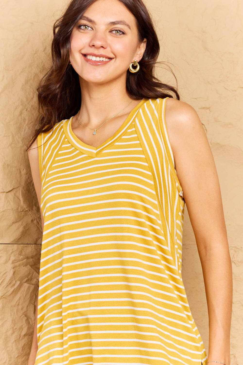 Doublju Talk To Me Full Size Striped Sleeveless V-Neck Top Top Trendsi   