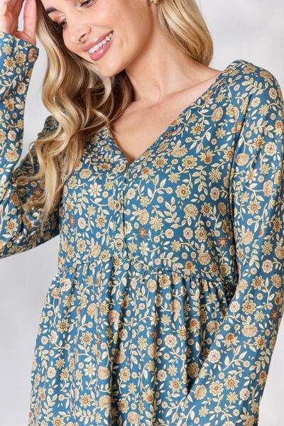 Heimish Full Size Floral Half Button Long Sleeve Blouse - NeoKira Unlimited