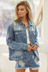 BiBi Pearl Detail Distressed Button Up Denim Jacket Jacket Trendsi   