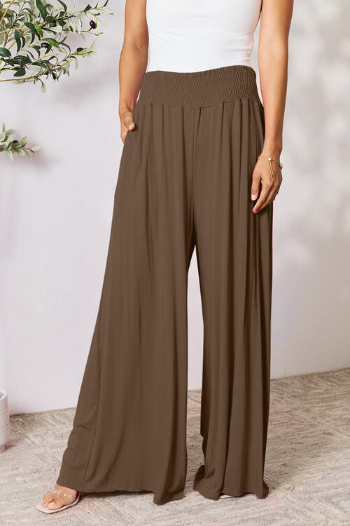 Double Take Full Size Smocked Wide Waistband Wide Leg Pants Pants Trendsi Coffee Brown S 