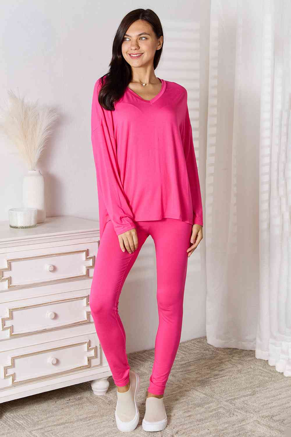 Basic Bae Full Size V-Neck Soft Rayon Long Sleeve Top and Pants Lounge Set - NeoKira Unlimited