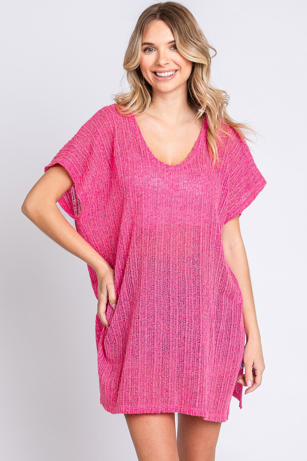 GeeGee Short Sleeve Side Slit Knit Cover Up Dress Cover Up Trendsi HOT PINK S 