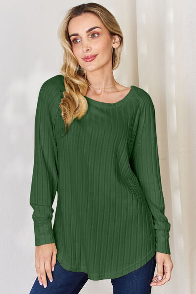 Basic Bae Full Size Ribbed Round Neck Slit Shirt Top Trendsi Mid Green S 