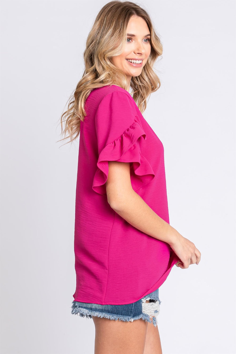 GeeGee V-Neck Ruffle Trim Short Sleeve Blouse - NeoKira Unlimited