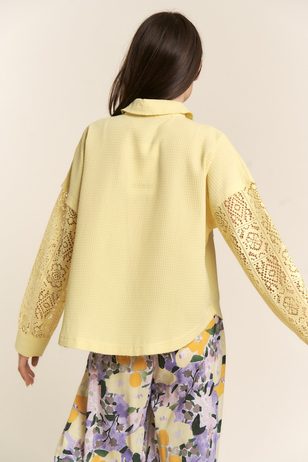 J.NNA Button Down Lace Long Sleeve Waffle Shirt - NeoKira Unlimited