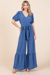 GeeGee Full Size V-Neck Belted Wide Leg Jumpsuit Jumpsuits Trendsi Denim Blue S 