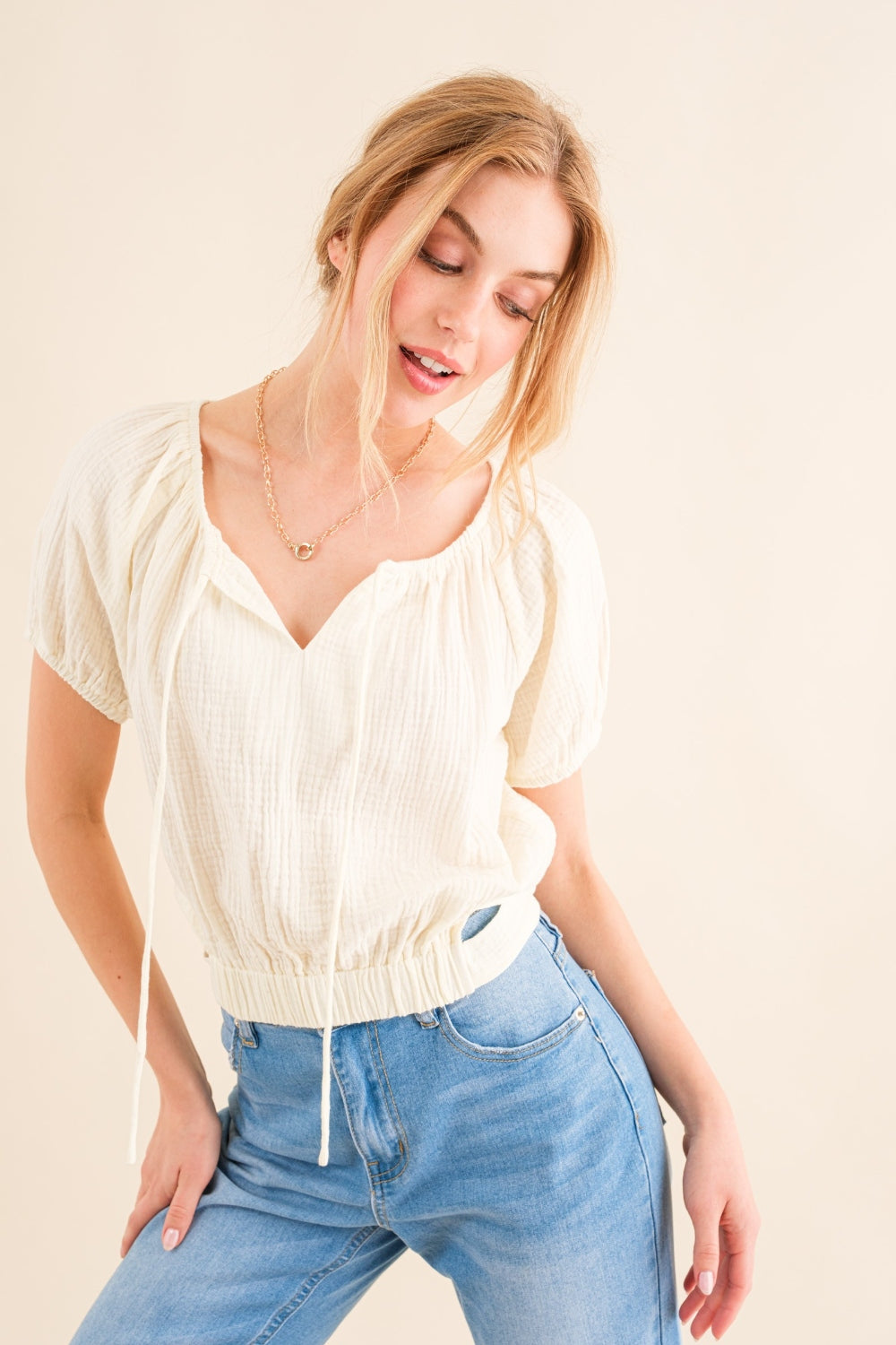 And The Why Cotton Gauze Back Waist Tie Cropped Blouse Blouse Trendsi   