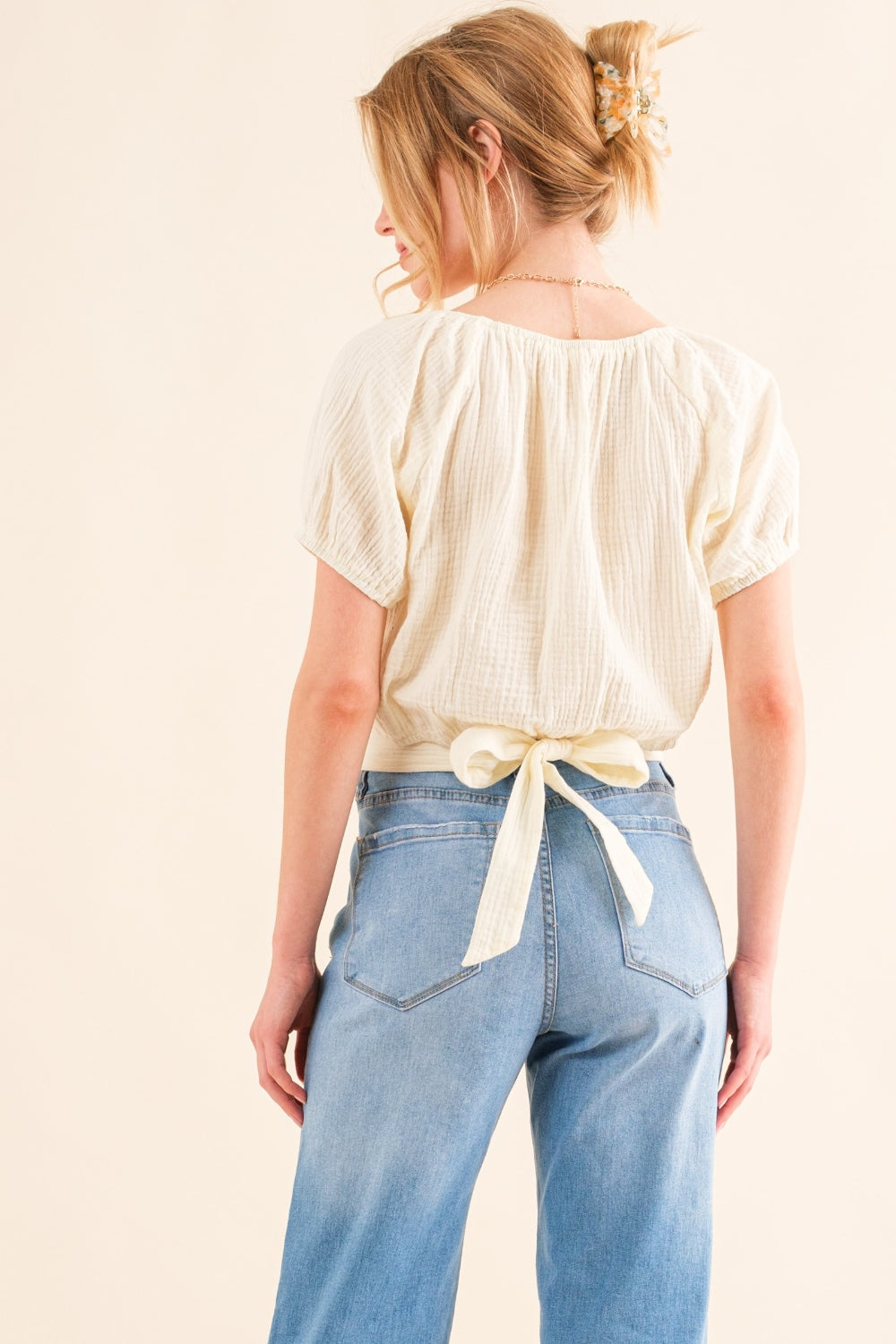 And The Why Cotton Gauze Back Waist Tie Cropped Blouse Blouse Trendsi   