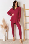 Basic Bae Full Size Notched Long Sleeve Top and Pants Set Pants Set Trendsi Deep Red S 