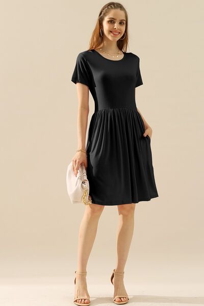 Ninexis Full Size Round Neck Ruched Dress with Pockets Mini Dress Trendsi   