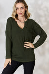 BiBi Notched Popcorn Waffle Long Sleeve Top Top Trendsi Olive S 