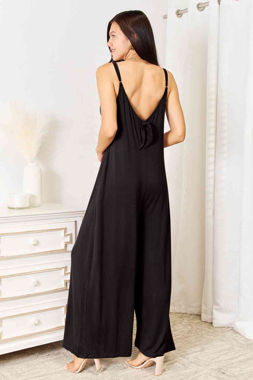 Double Take Full Size Soft Rayon Spaghetti Strap Tied Wide Leg Jumpsuit - NeoKira Unlimited