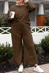 Double Take Full Size Textured Long Sleeve Top and Drawstring Pants Set Pants Set Trendsi   