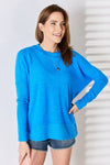 Zenana Ribbed Trim Round Neck Long Sleeve Top Top Trendsi Ocean Blue S 