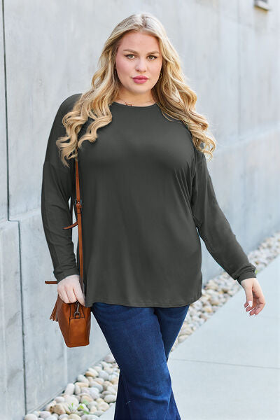 Basic Bae Full Size Round Neck Dropped Shoulder Shirt Top Trendsi   