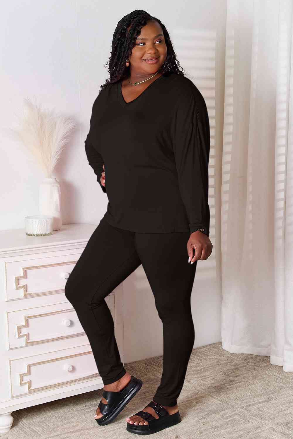 Basic Bae Full Size V-Neck Soft Rayon Long Sleeve Top and Pants Lounge Set Loungewear Trendsi   