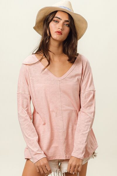 BiBi Exposed Seam V-Neck Long Sleeve T-Shirt Top Trendsi   