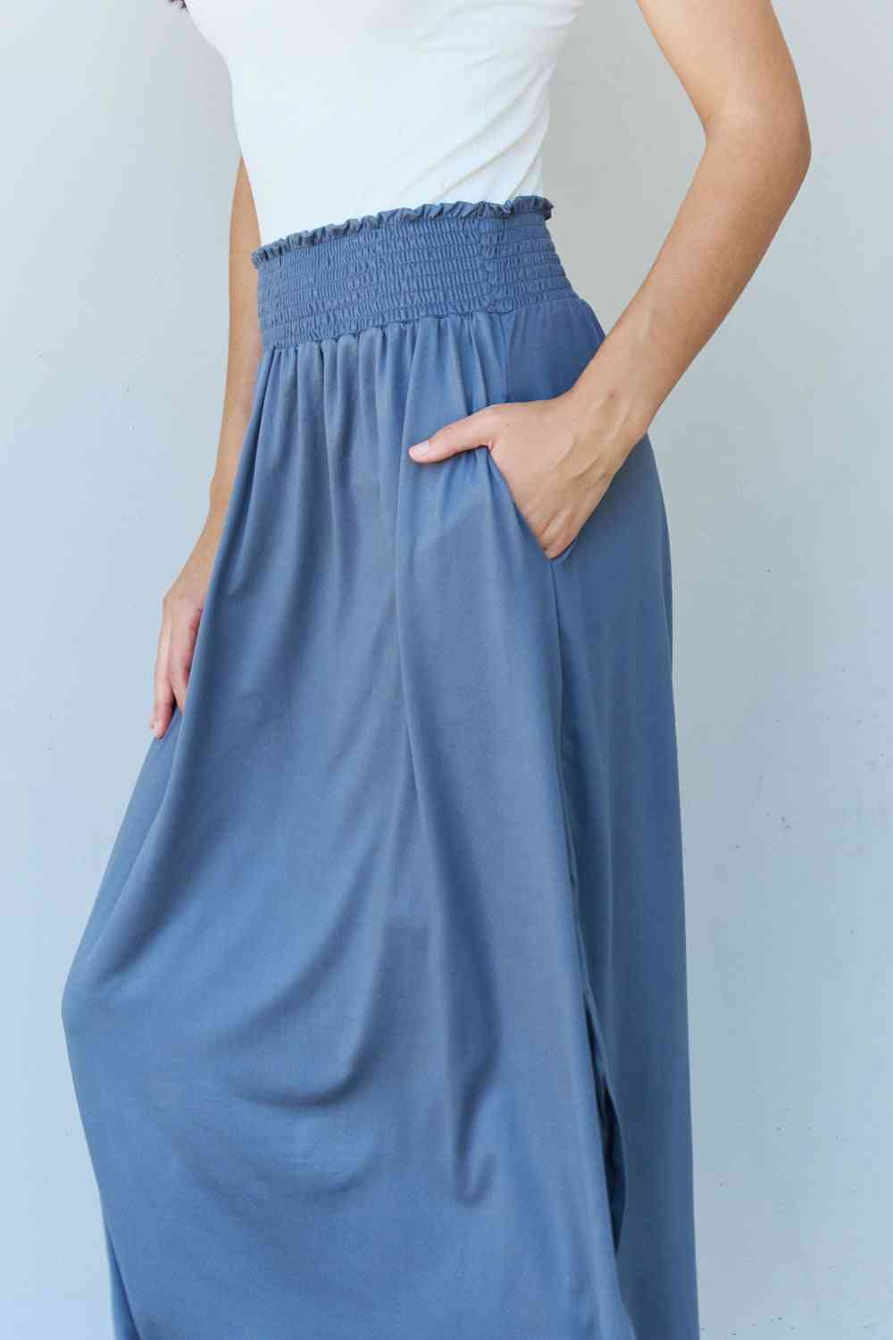 Doublju Comfort Princess Full Size High Waist Scoop Hem Maxi Skirt in Dusty Blue Skirt Trendsi   