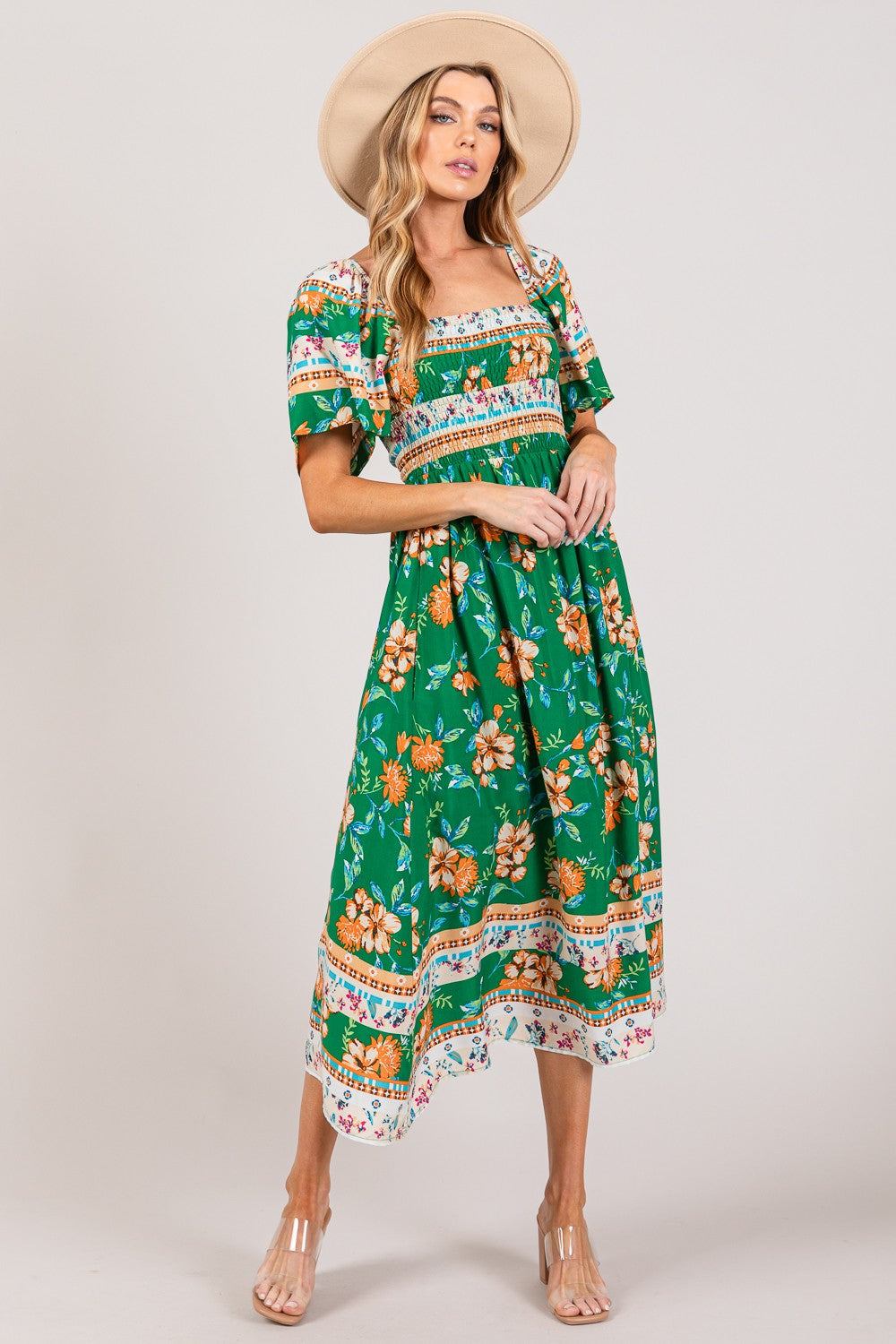 SAGE + FIG Printed Smocked Short Sleeve Midi Dress - NeoKira Unlimited