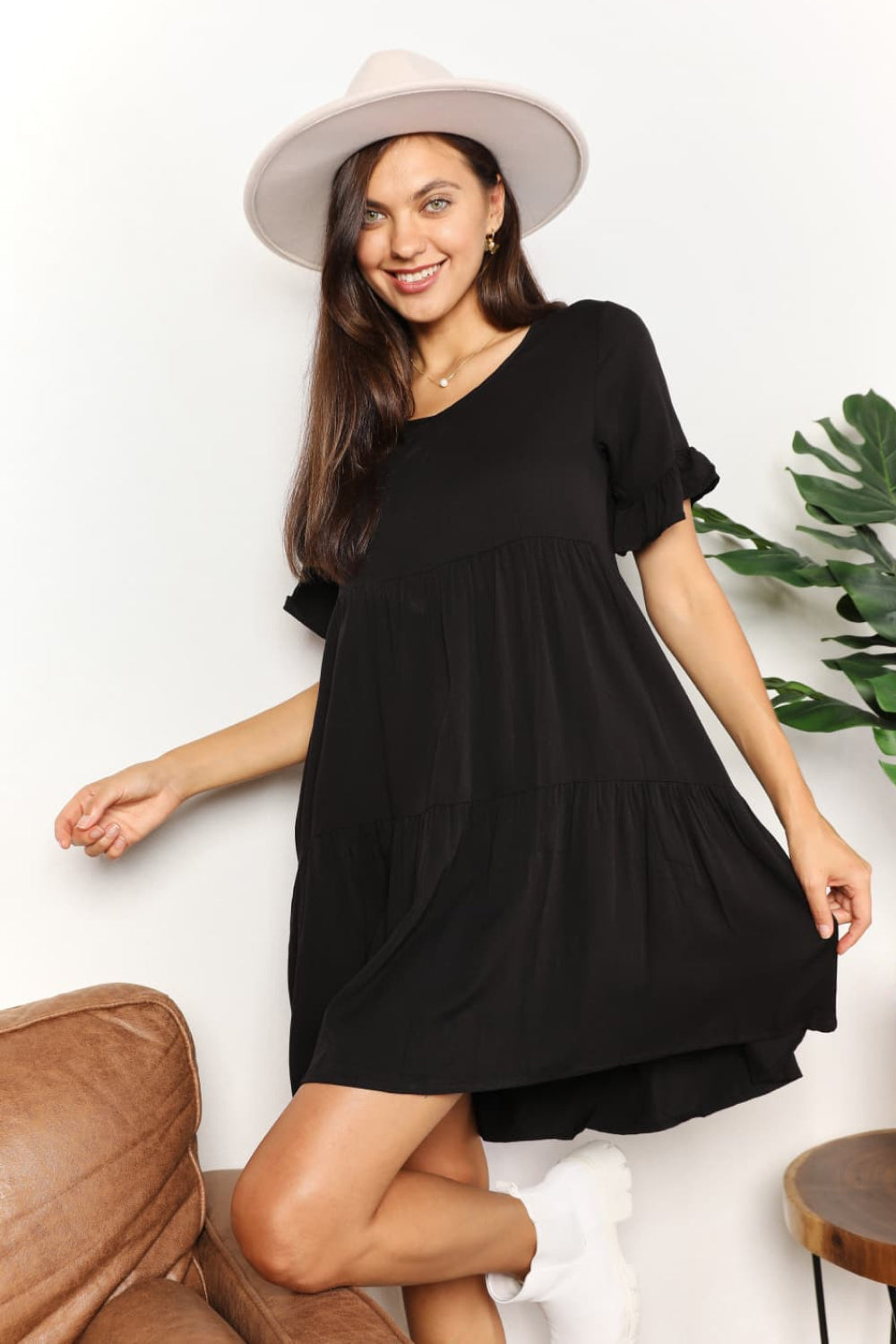 Double Take V-Neck Flounce Sleeve Tiered Dress Mini Dress Trendsi Black S 