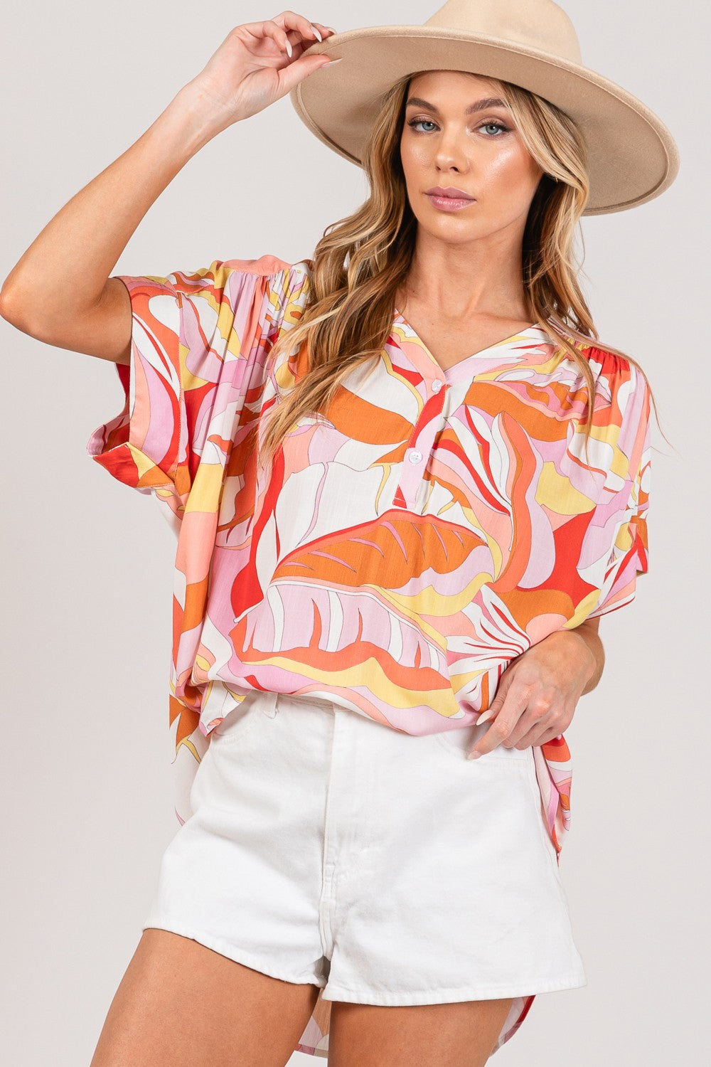 SAGE + FIG Abstract Print Half Button Blouse Blouse Trendsi CORAL S 