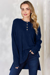 Basic Bae Full Size Ribbed Half Button Long Sleeve High-Low T-Shirt T-Shirt Trendsi Peacock  Blue S 