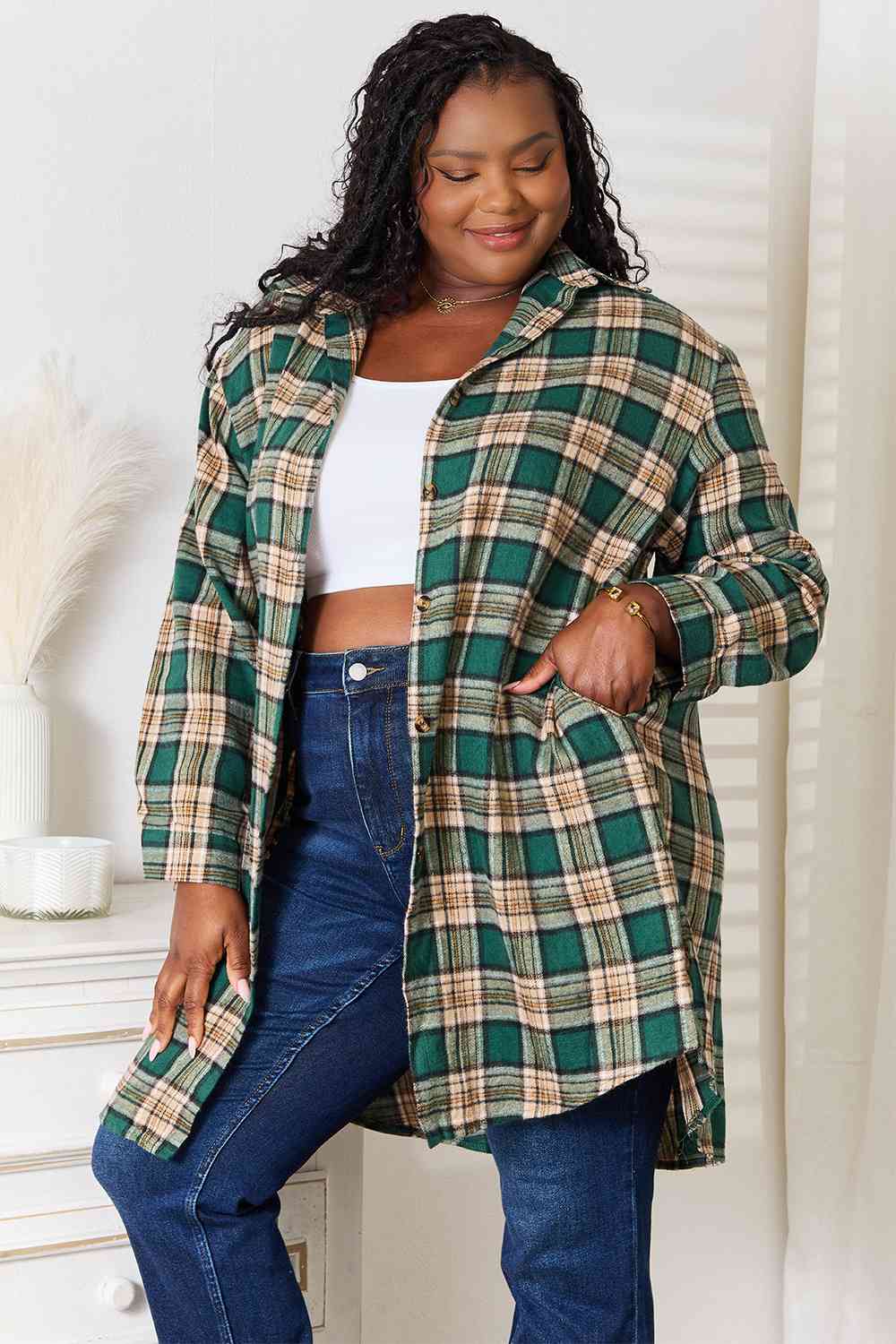 Double Take Plaid Collared Neck Long Sleeve Shirt - NeoKira Unlimited