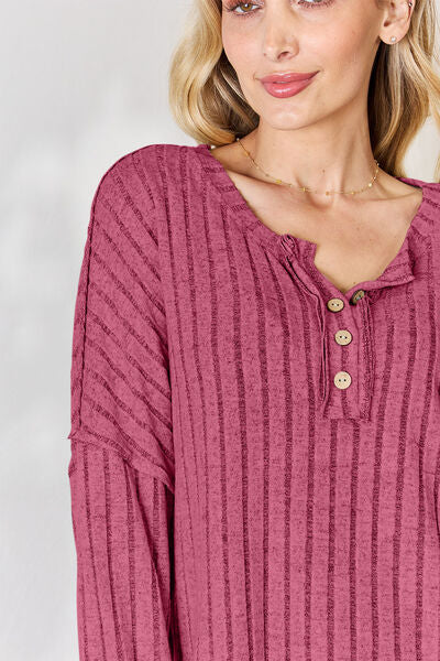 Basic Bae Full Size Ribbed Half Button Long Sleeve Top - NeoKira Unlimited