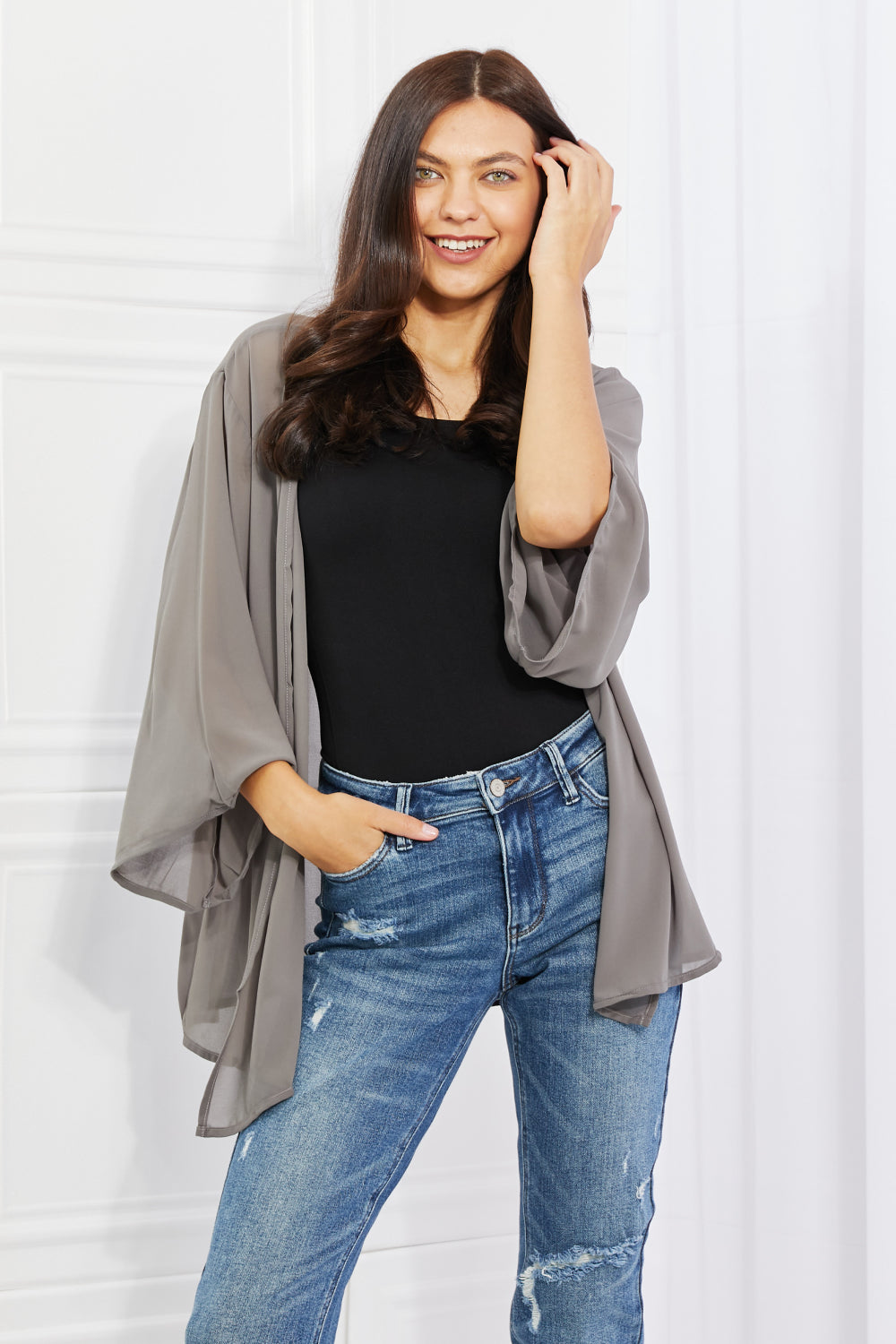 Melody Just Breathe Full Size Chiffon Kimono in Grey Kimono Trendsi   