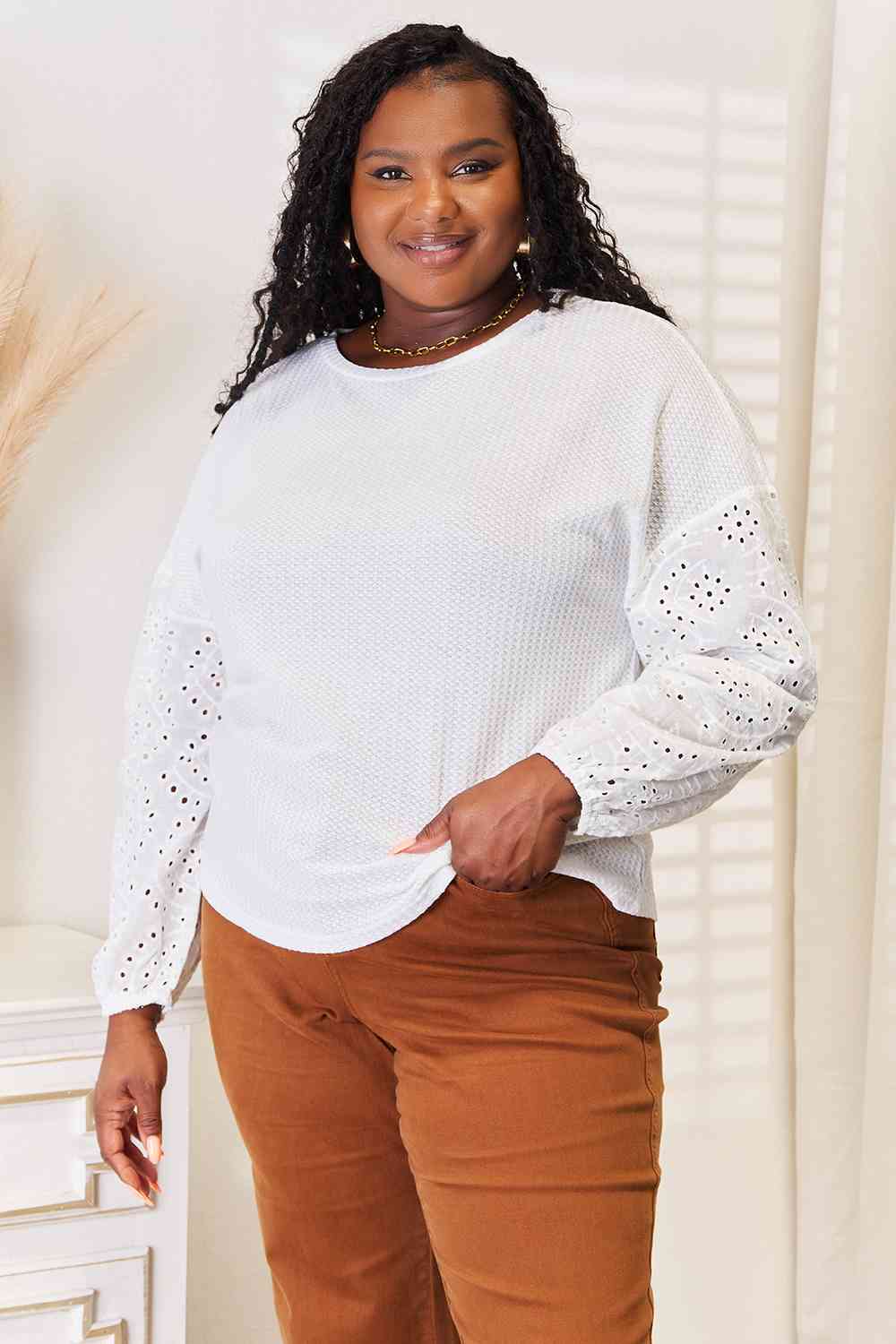 Shiny Eyelet Dropped Shoulder Round Neck Blouse - NeoKira Unlimited