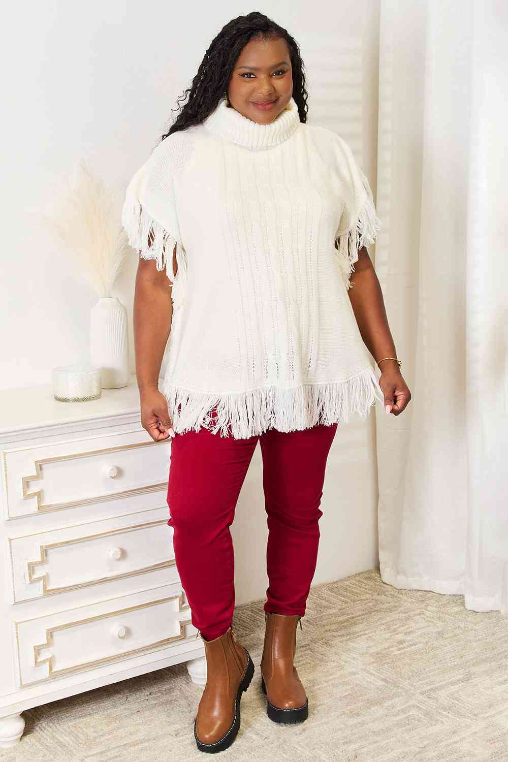 Justin Taylor Turtle Neck Fringe Poncho Ponchos Trendsi   