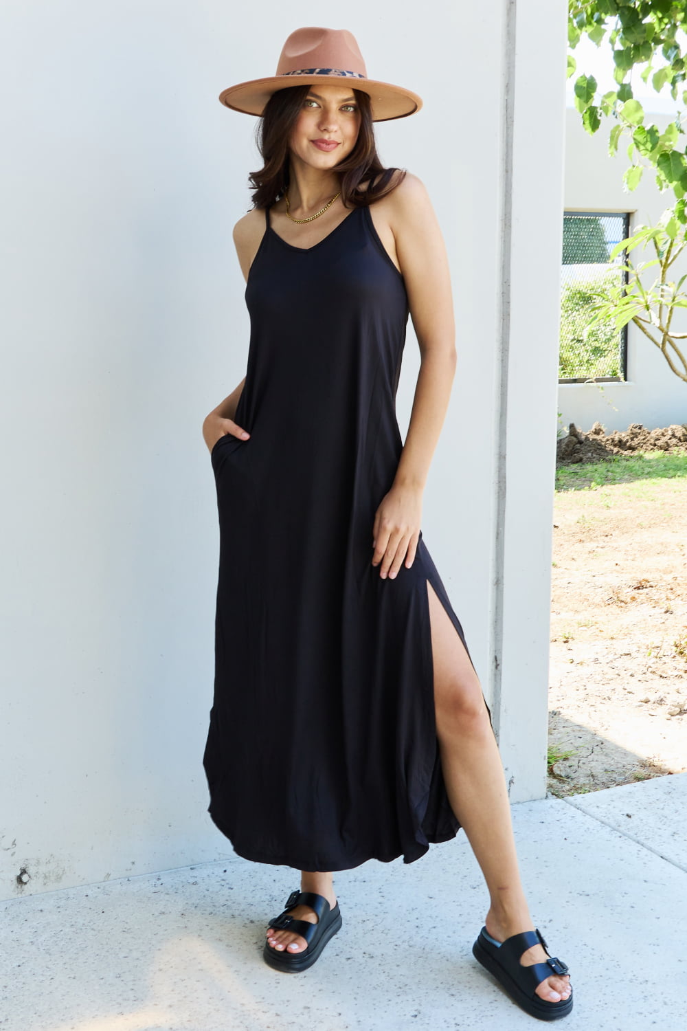 Ninexis Good Energy Full Size Cami Side Slit Maxi Dress in Black Maxi Dress Trendsi   