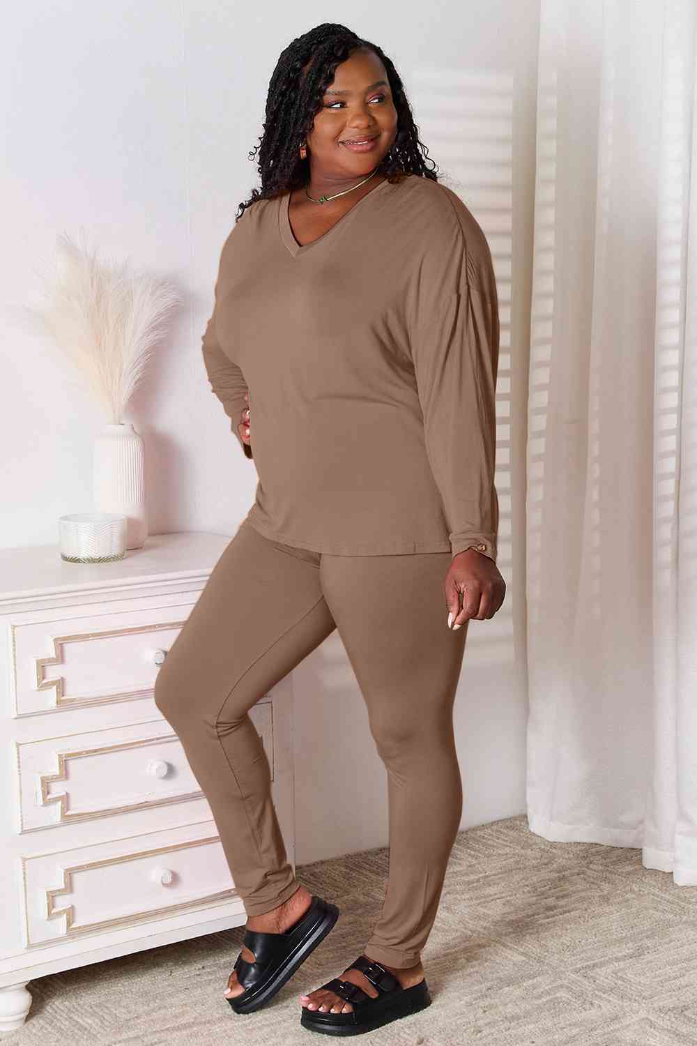 Basic Bae Full Size V-Neck Soft Rayon Long Sleeve Top and Pants Lounge Set Loungewear Trendsi Taupe S 